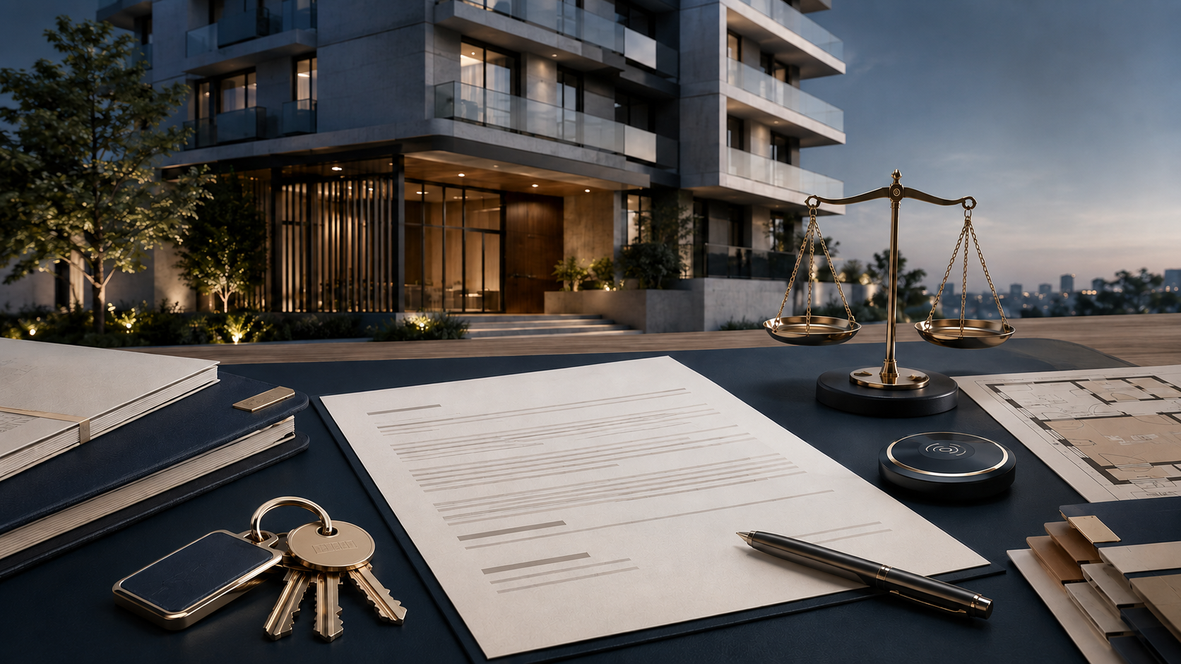 Edifício, chaves e contrato representando uma locação imobiliária